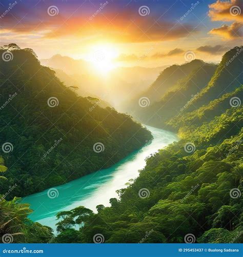 Sunrise Rainforest African Jungle River With Tropical Exotic Fantasy