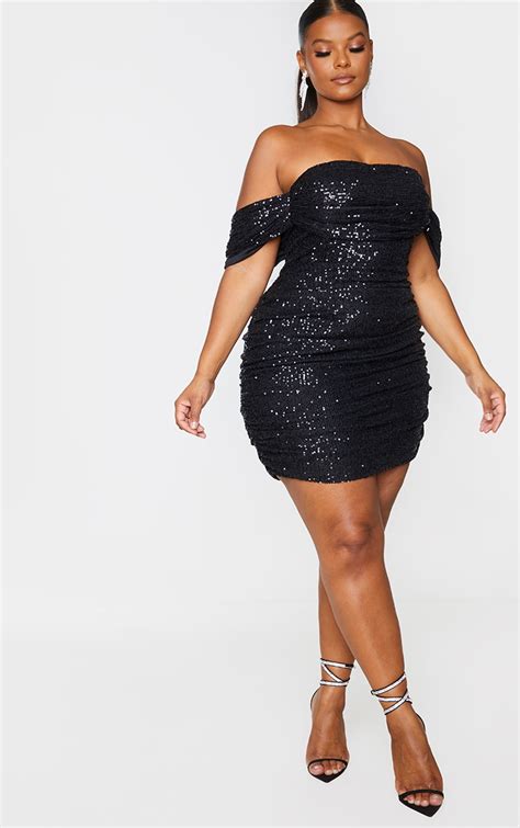 Plus Black Sequin Bardot Bodycon Dress Prettylittlething Usa