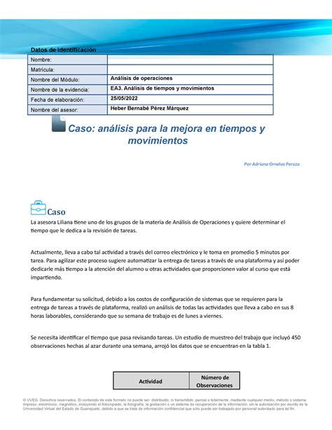 Ea An Lisis De Tiempos Y Movimientos Datos De Identificaci N Nombre