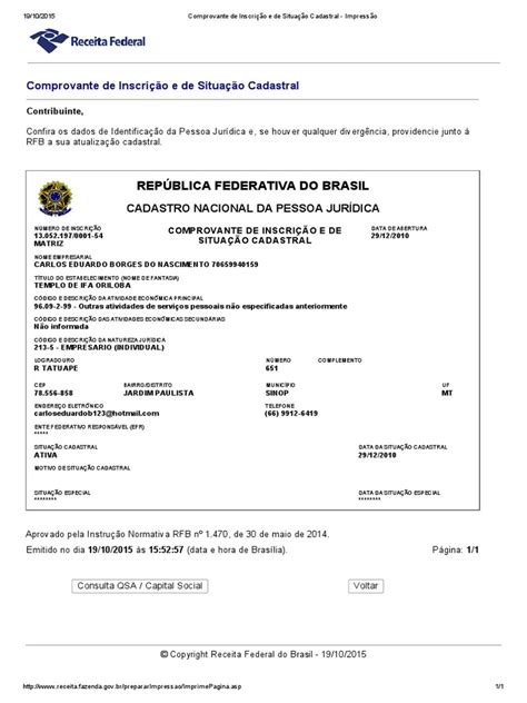 Pdf Comprovante De Inscrição E De Situação Cadastral Impressãopdf