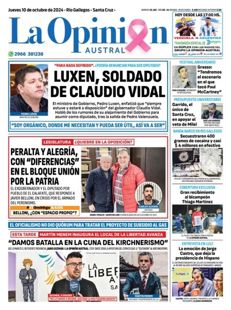 Diario La Opinión Austral tapa edición impresa del jueves 10 de octubre