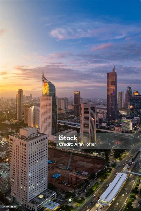 Aerial View Of Jakarta City During The Golden Hour Stock Photo