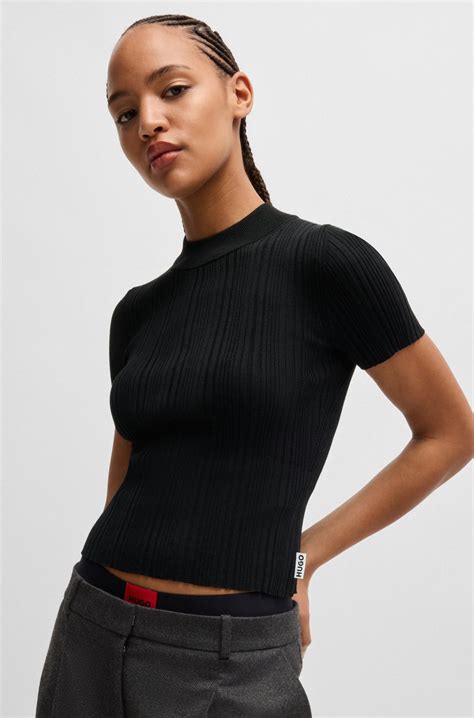 Hugo Mock Neck Knit T Shirt With Irregular Ribbing