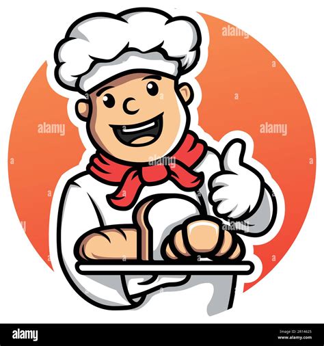 Chef Cartoon Holding A Tray Of Baguitte White Bread Croissant And Give A Thumbs Up Logo