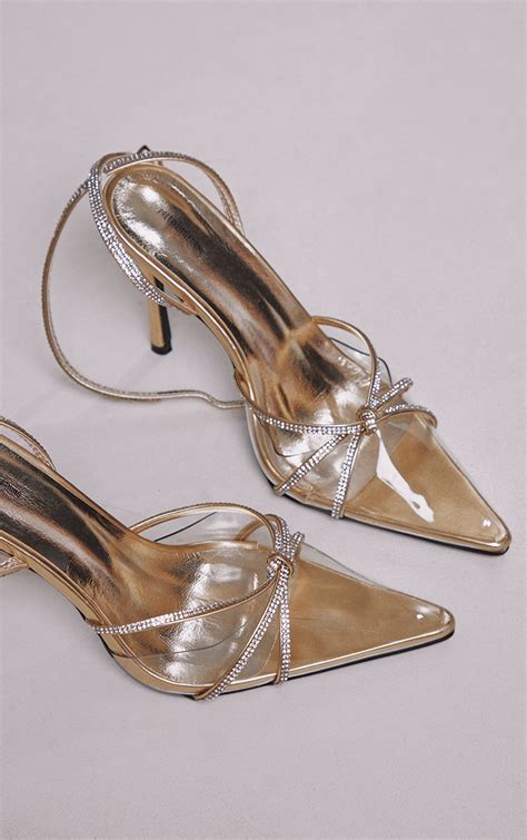 Gold Wide Fit Diamante Point Toe Mid Heeled Courts Prettylittlething Usa