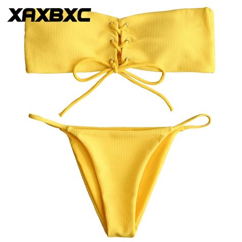 Xaxbxc Summer Solid Cross Bandage Strapless Thongs Two Piece