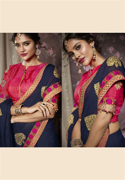 Navy Blue Silk Embroidered Festival Wear Saree 814