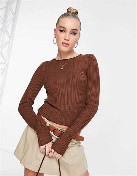 Asos Design Crew Neck Rib Knitted Top In Brown Asos