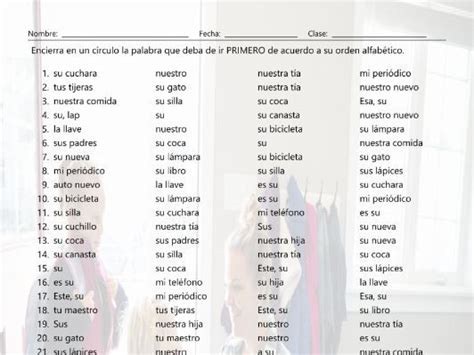 Possessive Adjectives Alphabetical Order Ii Spanish Worksheet