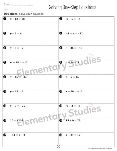 Solving One Step Equations Elementary Studies