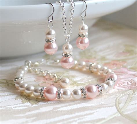 Blush Pearl Jewelry Set Classic Earrings Necklace And Bracelet Made