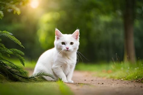 Un Gato Blanco Se Sienta En Un Camino En El Bosque Foto Premium