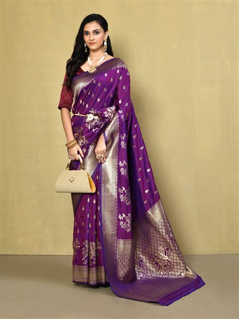 Purple Banarasi Silk Saree Elorafashion