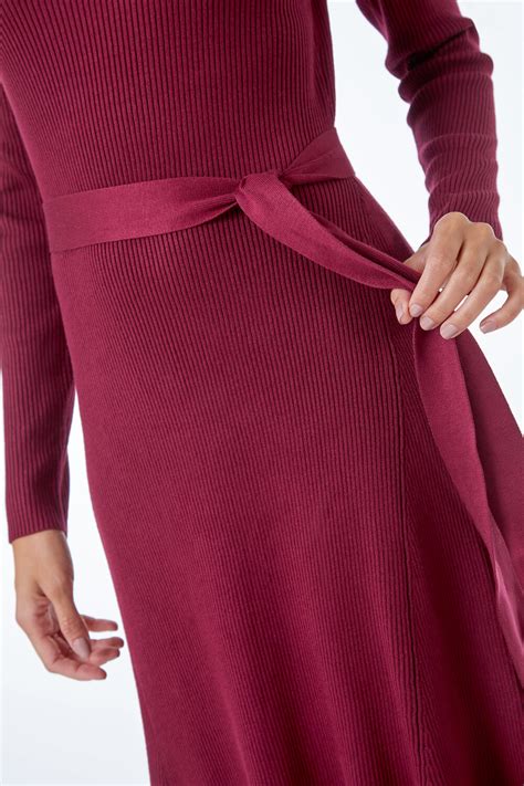 Belted Knitted Midi Dress In Wine Roman Originals Uk