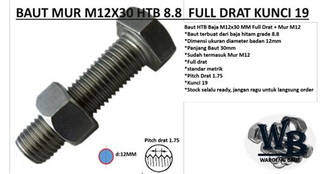 Baut M12x30mm Baja Baut Baja M12 X 30 Baut Mur M12x30 Htb 8 8 Full Drat Kunci 19 Baut Htb