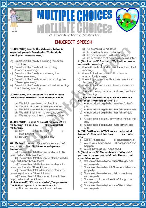 Indirect Speech Multiple Choice Esl Worksheet By Wakebeauty