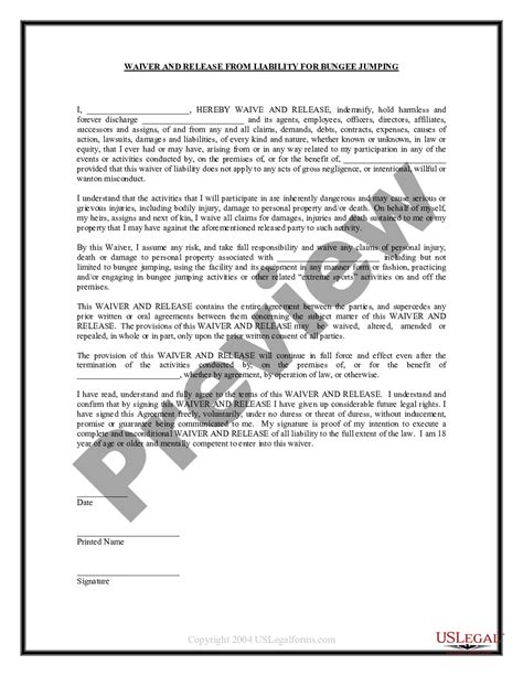 Oregon Waiver And Release From Liability For Adult For Bungee Jump US