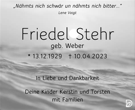 Traueranzeigen Von Friedel Stehr Trauer Anzeigen De