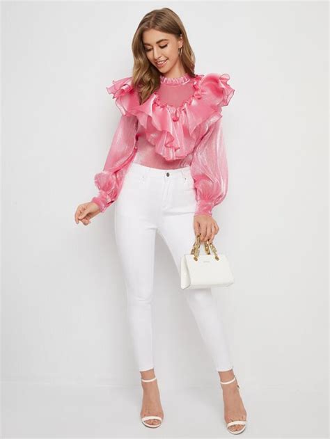 Shein Layered Exaggerate Ruffle Trim Lantern Sleeve Sheer Top Shein Usa