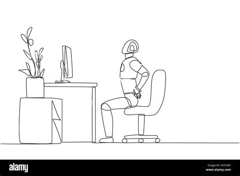 Continuous One Line Drawing Robot Sitting In A Work Chair With Hands