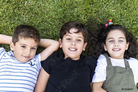 Drie Gelukkige Vrienden Liggend In Het Gras Stockfoto 1524607