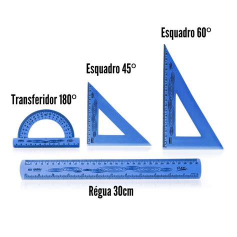 Kit Régua Esquadros e Transferidor Flexível Waleu 4 peças papmoderna