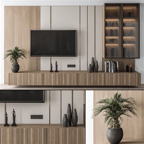 Tv Wall Wood And Glass Display Cabinets Set D Model For Vray