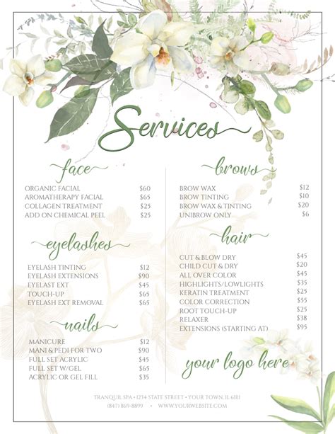 Spa Menu Salon Menu Custom Menu Diy Services Price List Etsy Salon Menu Spa Menu Spa Prices