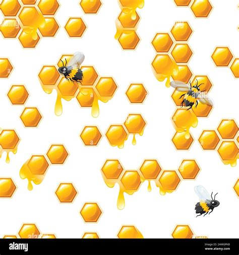 Seamless Pattern With Honeycombs Honey Drops And Bee Flat Vector