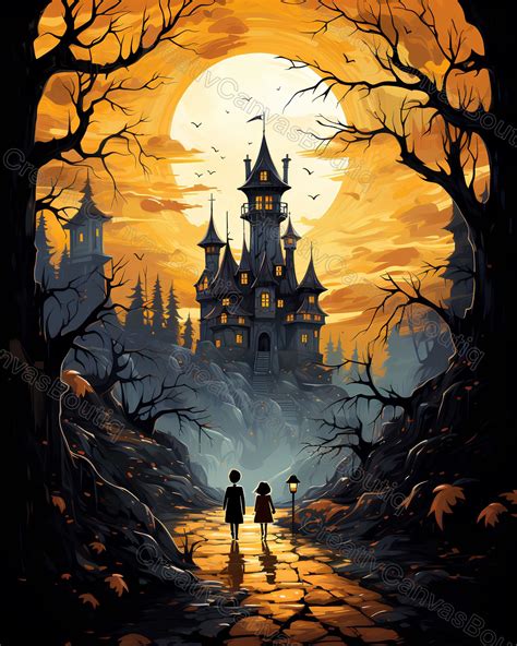 Creepy Castle Art Printable Halloween Decor, Dark Forest Illustration ...