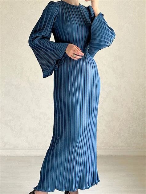 Pleated Ruffled Solid Color Flared Sleeves Long Sleeves Round Neck Maxi