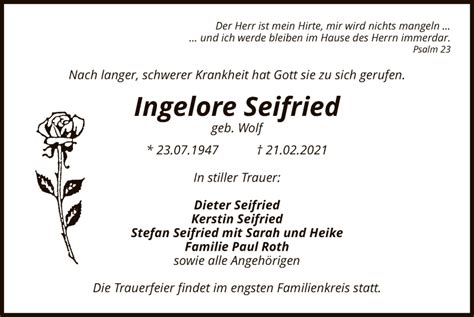 Traueranzeigen Von Ingelore Seifried Trauer Op Online De