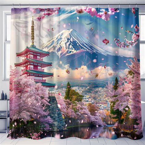 Japanese Castle And Mount Fuji Shower Curtain Stunning Cherry Blossom