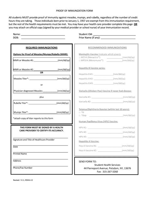 Proof Of Immunization Form All Students Must Provide Proof Potsdam