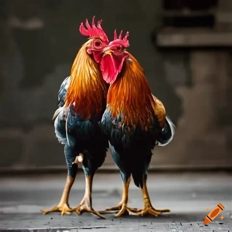 Two Roosters Walking In A City Street On Craiyon