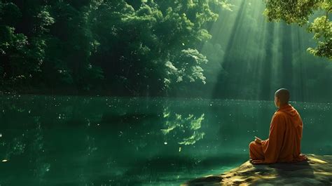 Premium AI Image | Buddhist monk in meditation beside a lake in the jungle