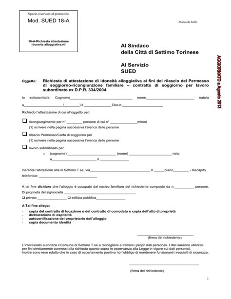 Modulo Di Richiesta Attestazione Di Idoneit Alloggiativa