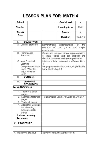 Cot Lesson Plan For Math 4 Pdf Mathematics Learning