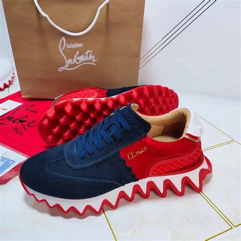 Replica Christian Louboutin Womens Loubishark Sneakers In Bluered Suede