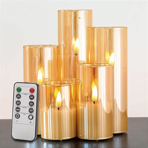 Eywamage 5 Pack Gold Glass Flameless LED Candles With Remote