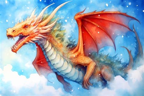 Premium Photo Beautiful Fairytale Dragon Is Flying In Blue Winter Sky