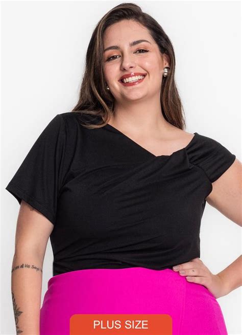 Blusa Feminina Plus Size Em Malha Soft Preto Secret Glam