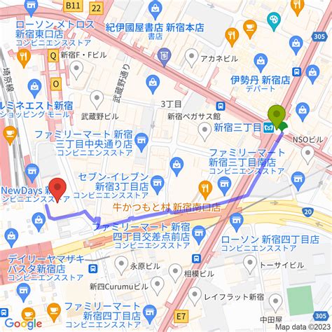 新宿三丁目駅からタワーレコード新宿店へのルートマップ MDATA