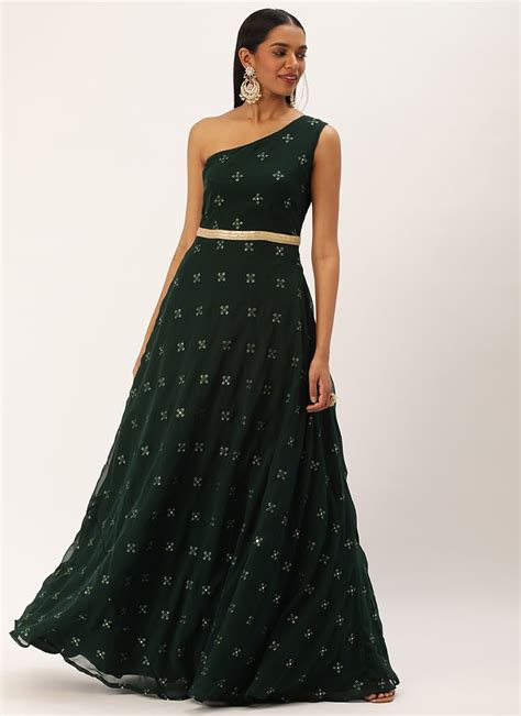 Shop Green Georgette Embroidered Gown Festive Wear Online At Best Price