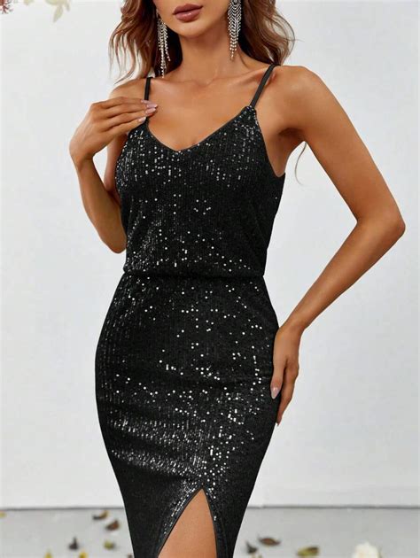 Split Thigh Sequin Cami Party Dress Shein Usa