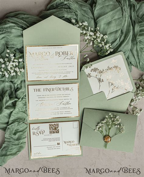 Fold Luxury Sage Green Golden Wedding Invitations Elegant Garden