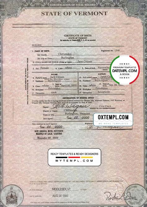 Usa Vermont State Birth Certificate Template In Psd Format Fully Editable Datempl Premi