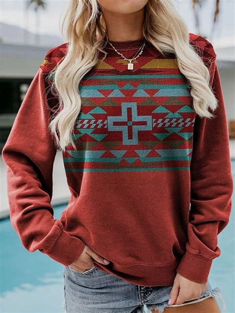 Womens Aztec Geometric Ethnic Indian Pattern Long Sleeve Sweatshirt