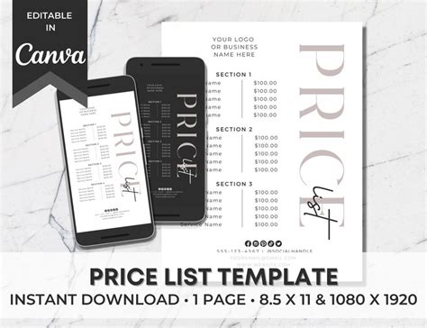 Price List Template Editable Printable Price List DIY Etsy