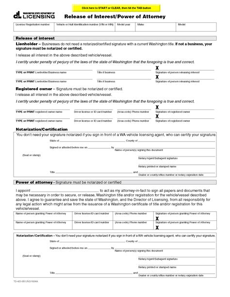 Free Washington Motor Vehicle Power Of Attorney Form TD 420 050 PDF